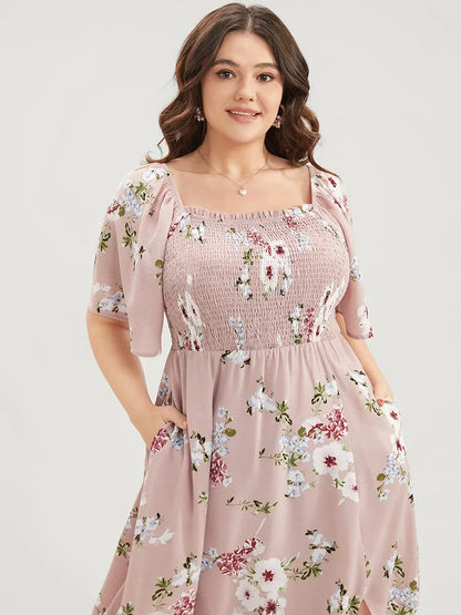 Floral Square Neck Ruffles Pocket Shirred Split Dress