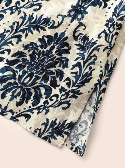 Boho Print Frill Trim Slit Hem Blouse