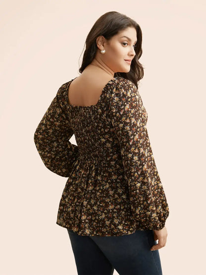 Heart Neckline Ditsy Floral Shirred Blouse