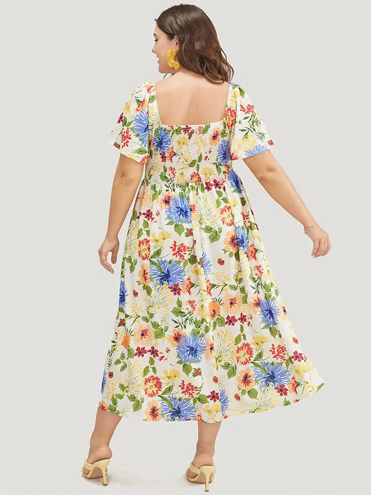 Floral Backless Shirred Square Neck Pocket Ruffle Hem Dress