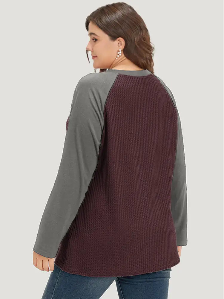 Waffle Knit Raglan Sleeve Metal Buckle Detail T-Shirt