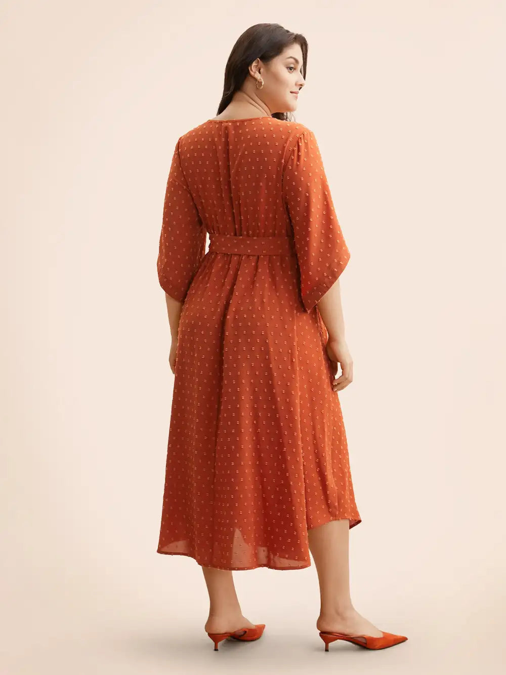 Textured Bell Sleeve Belted Arc Hem Dress