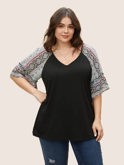 Boho Print Patchwork Raglan Sleeve T-Shirt