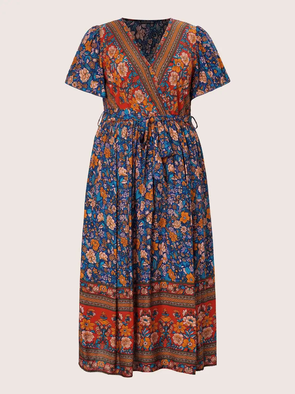 Bandana Surplice Neck Pocket Belted Flutter Hem Maxi Dress