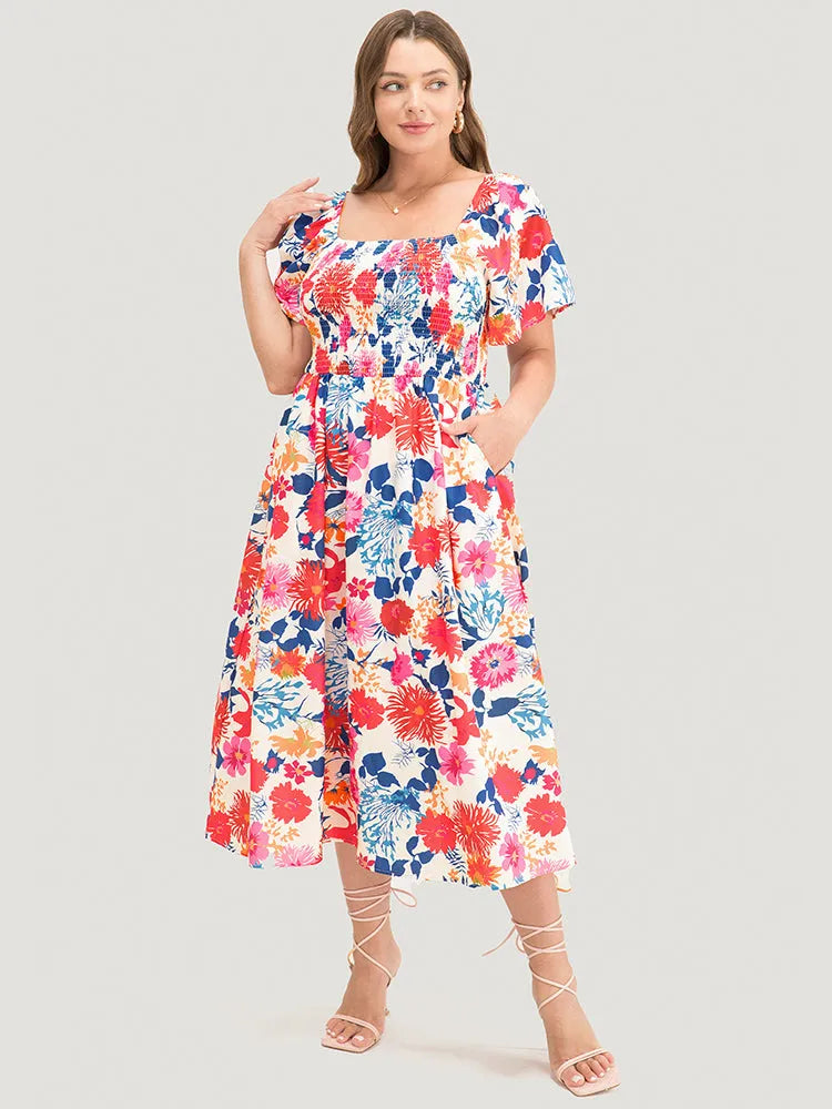 Floral Backless Shirred Square Neck Pocket Ruffle Hem Dress