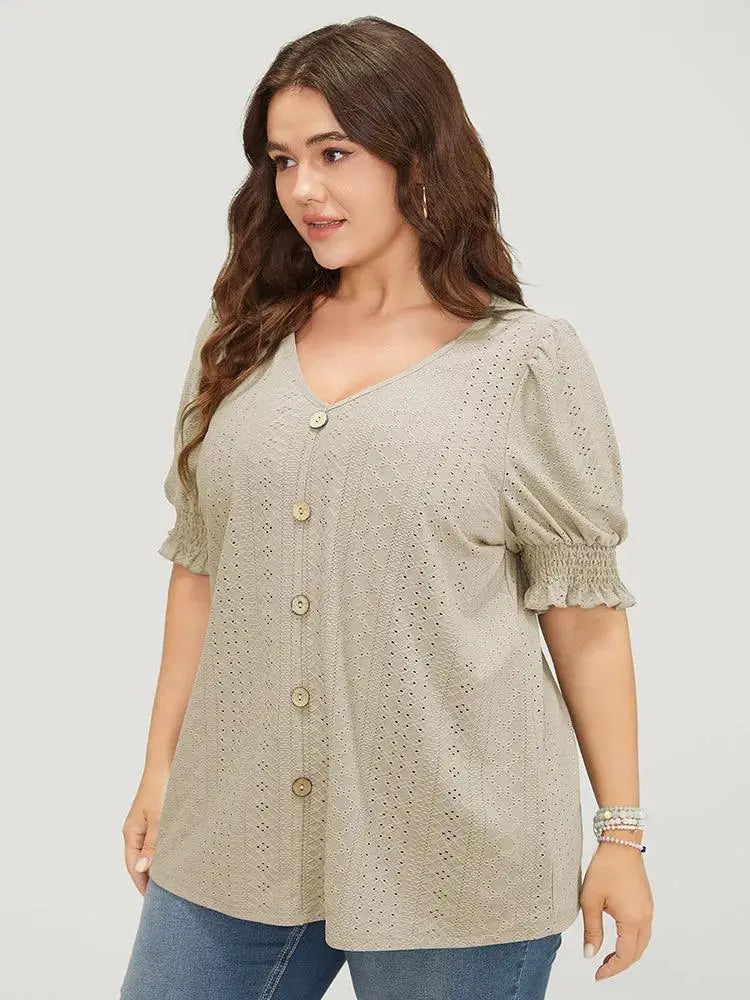 Plain Broderie Anglaise Shirred Puff Sleeve Button Detail T-shirt