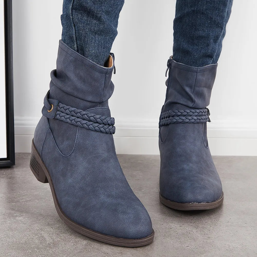 Slouchy Ankle Boots Braided Strap Chunky Block Heel Booties