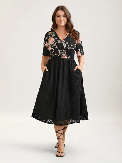 Floral Panel Surplice Pockets Midi Dress