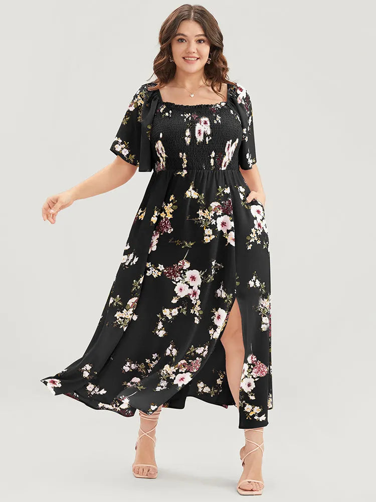 Floral Square Neck Ruffles Pocket Shirred Split Dress