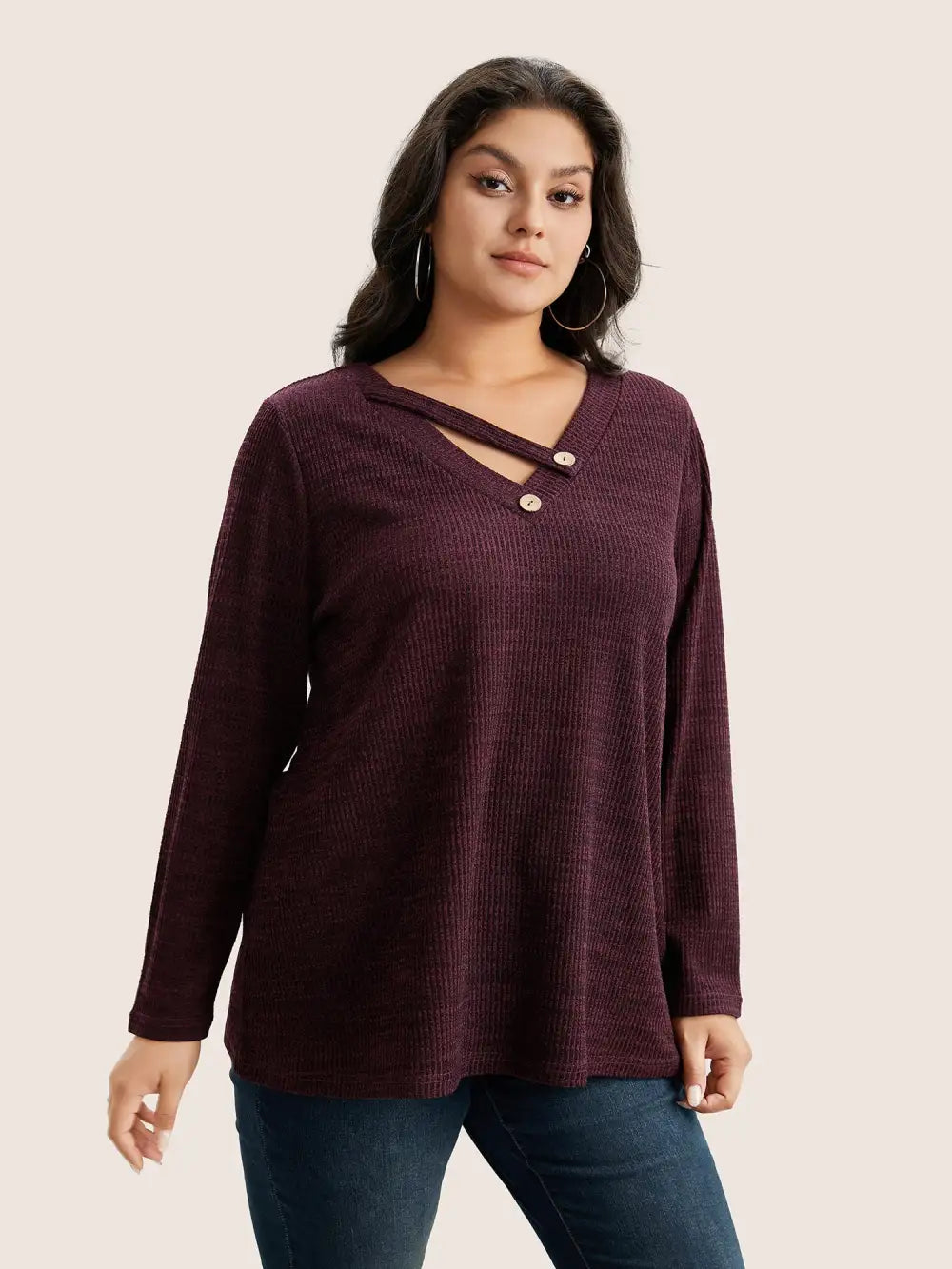 Solid Rib Knit Button Detail T-Shirt