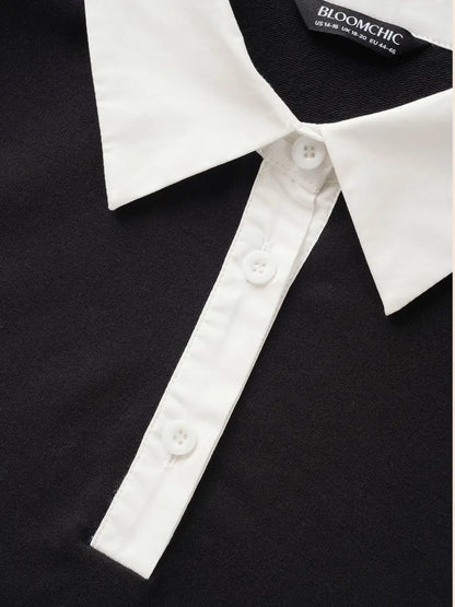 2-In-1 Shirt Collar Contrast Patchwork Sweatshirt