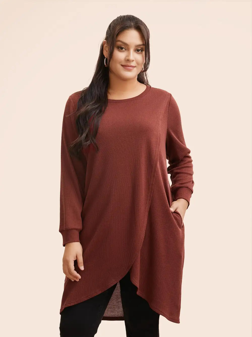 Solid Waffle Knit Overlap Hem T-Shirt