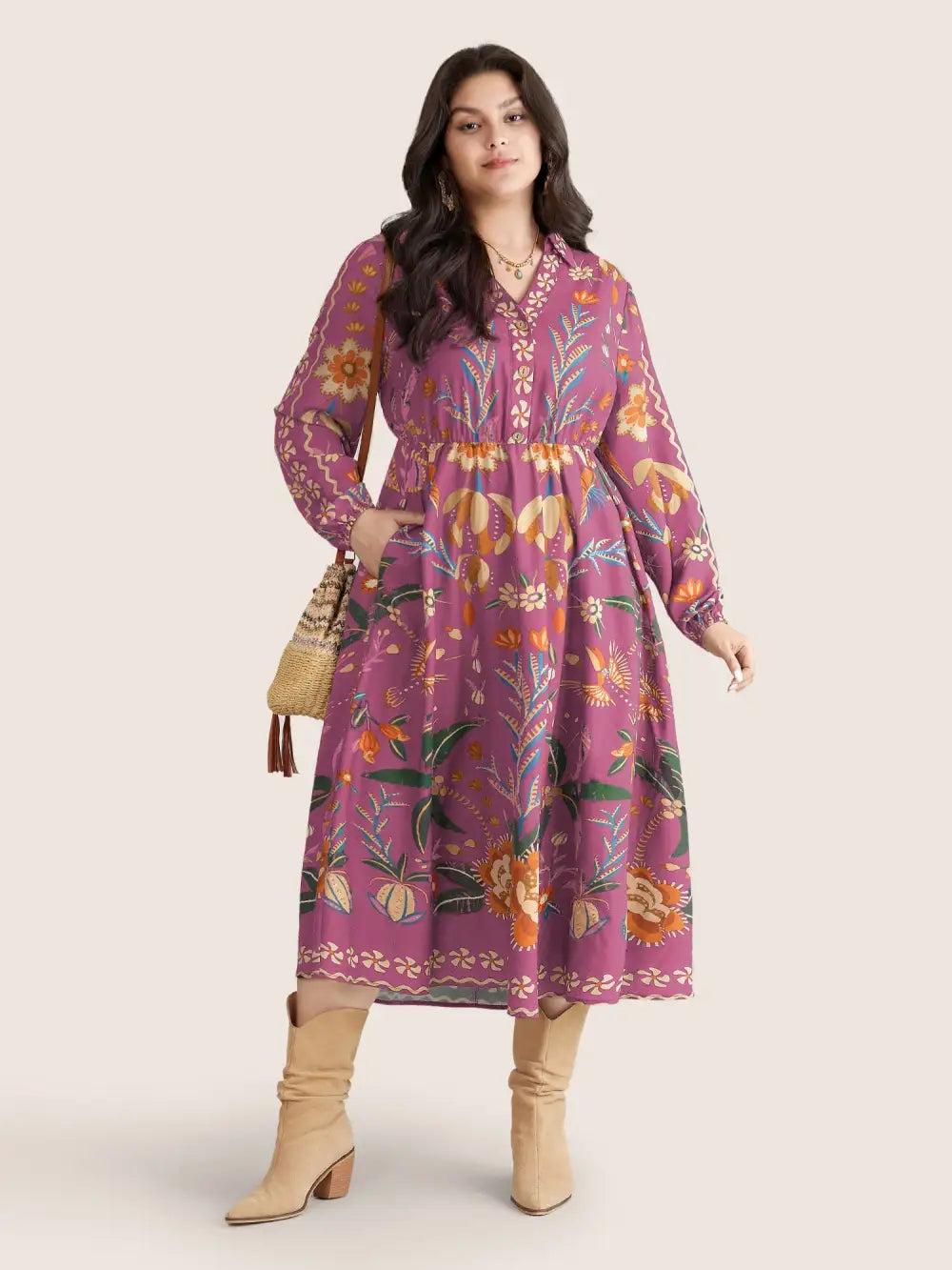 Bandana Print Pocket Lapel Collar Elastic Cuffs Dress