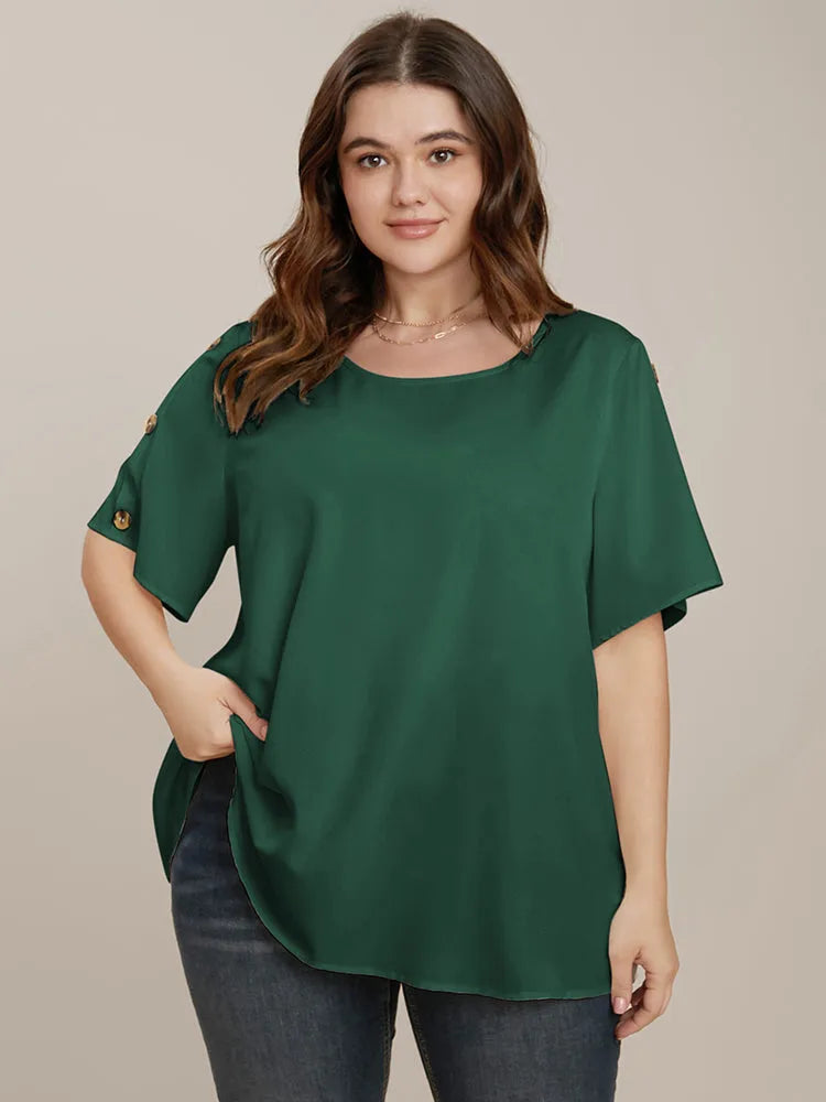 Plain Round Neck Button Detail Blouse