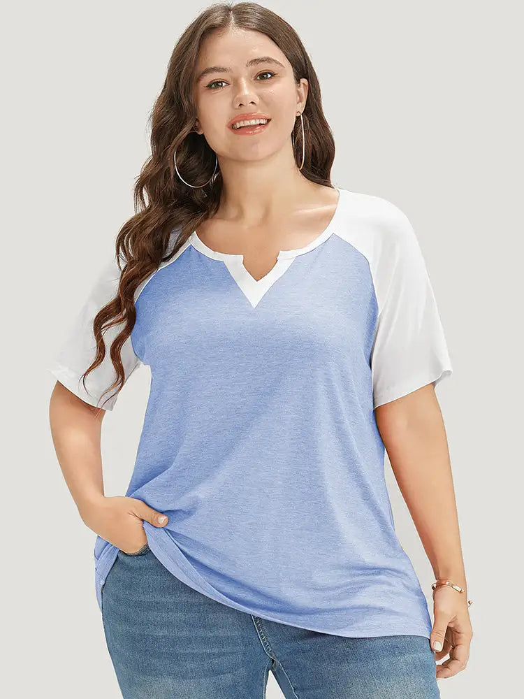 Colorblock Contrast Notched Raglan Sleeve T-shirt