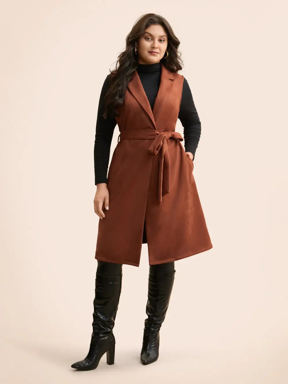 Suit Collar Faux Suede Belted Jacket
