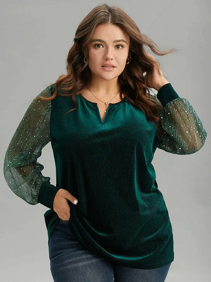 Velvet Patchwork Mesh Sequin Notched T-Shirt