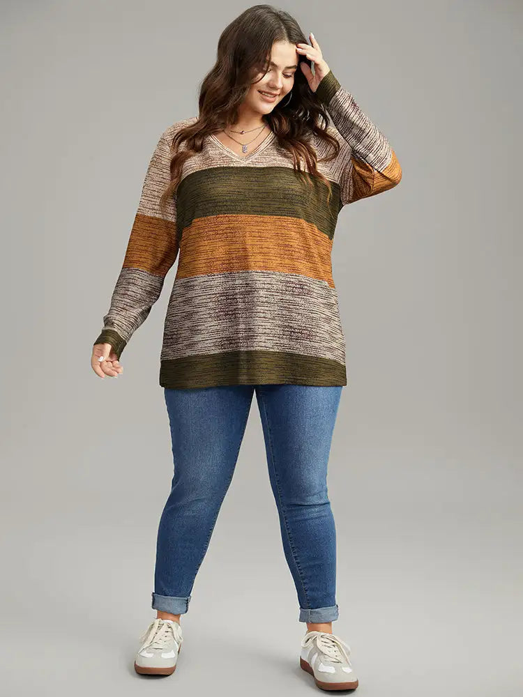 Striped Colorblock Contrast V Neck T-Shirt