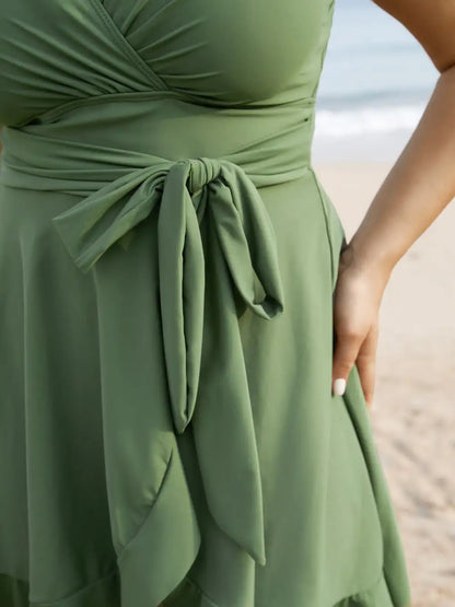 Plain Ties Wrap Flutters Swim Dress