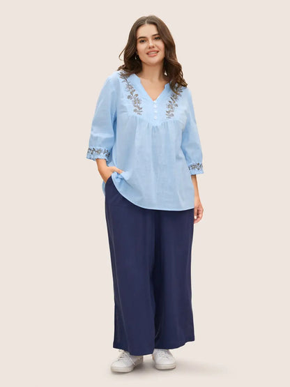 Cotton Floral Embroidered Notched Collar Frill Trim Blouse