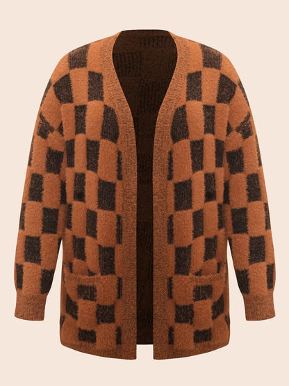 Plaid Fluffy Patched Pocket Cardigan