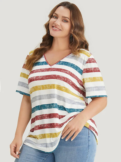 Striped Contrast V Neck T-shirt