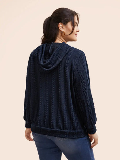 Solid Cable Knit Hooded Drawstring Sweatshirt