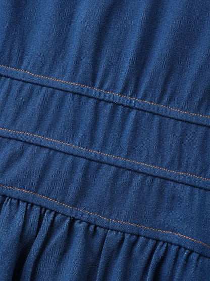 Stretch Denim Pockets Tiered Midi Dress