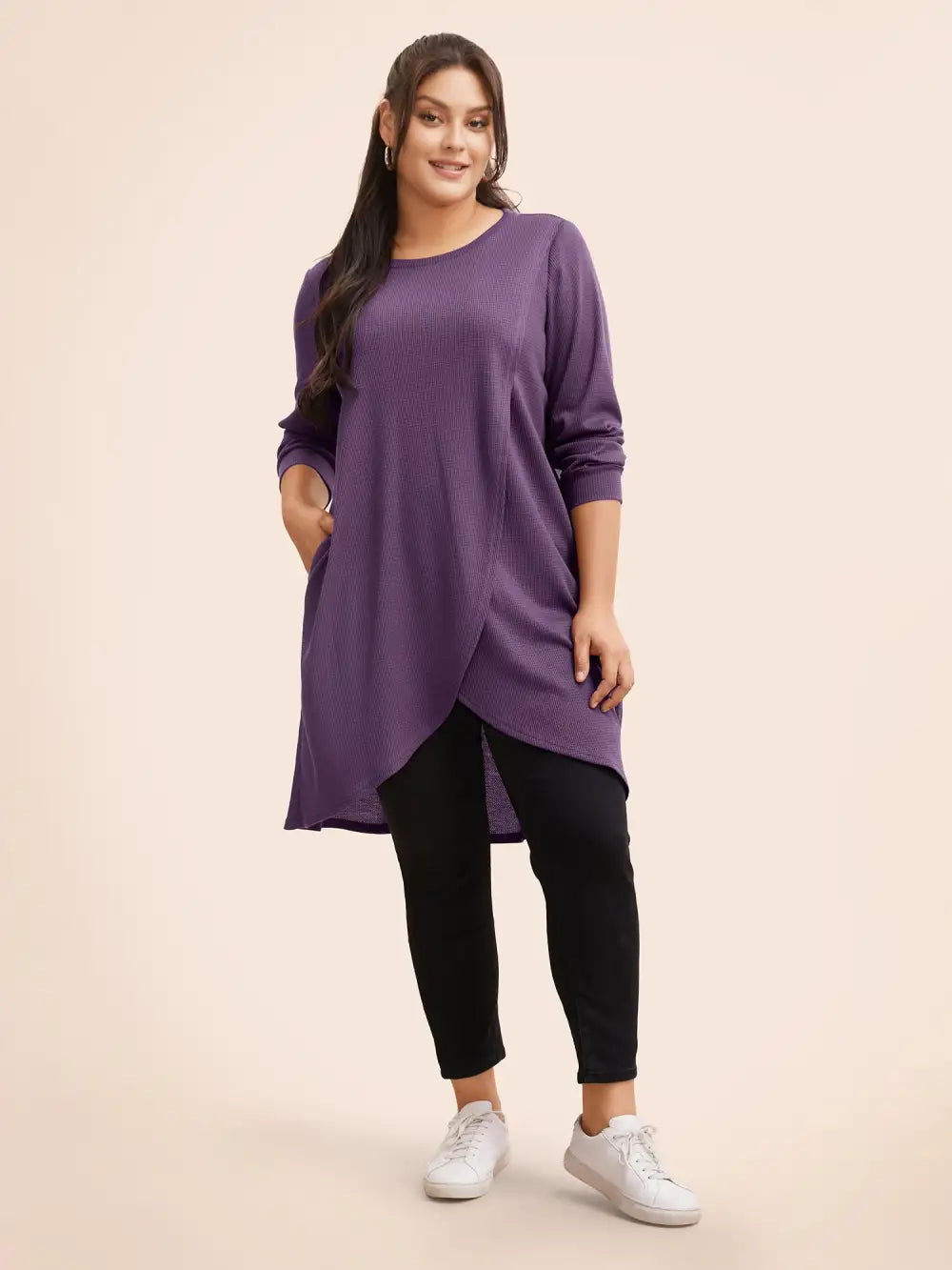 Solid Waffle Knit Overlap Hem T-Shirt