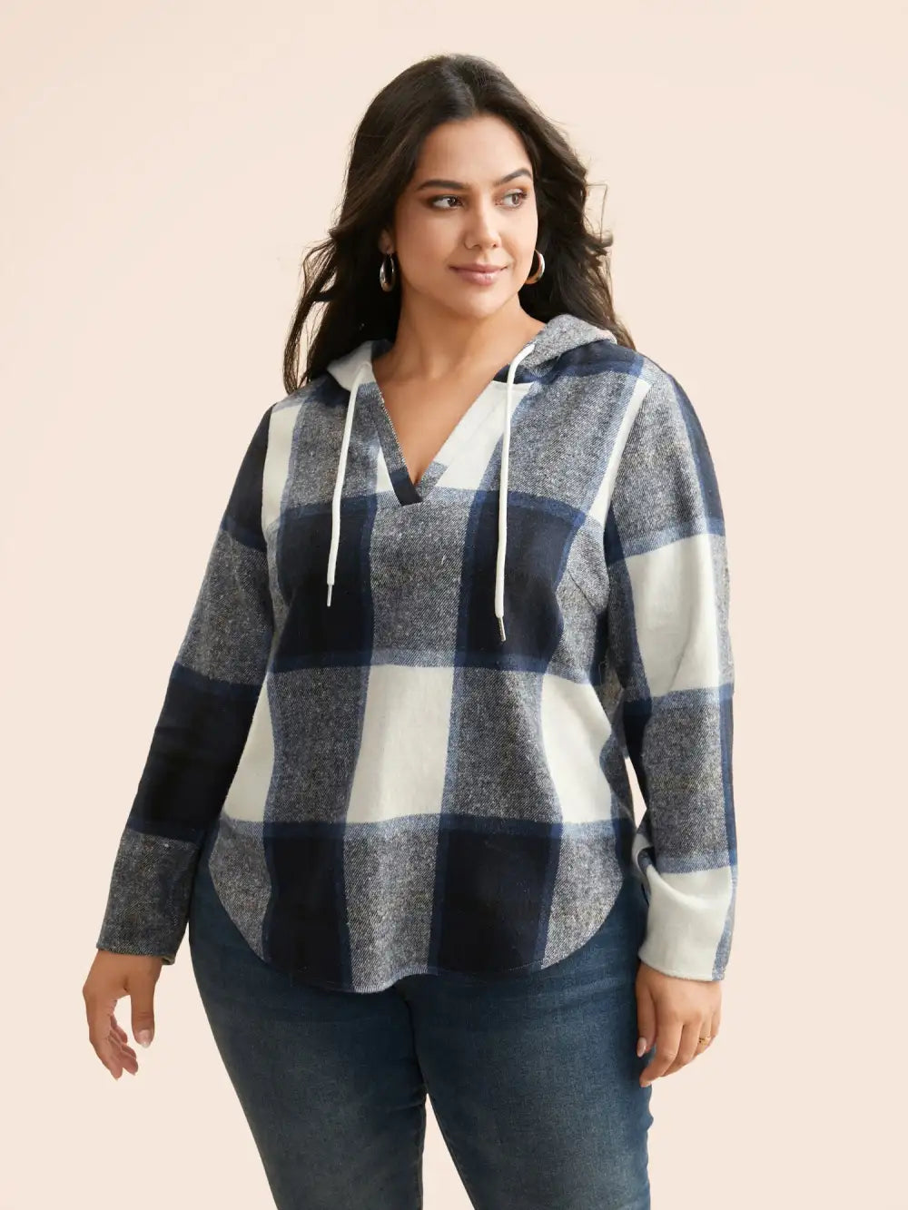 Brushed Fabric Plaid Hooded Sweatshirt