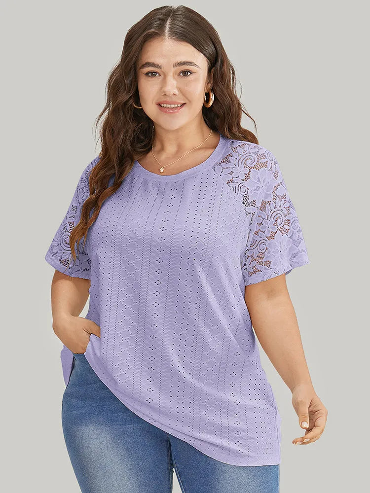 Solid Broderie Anglaise Lace Raglan Sleeve T-shirt