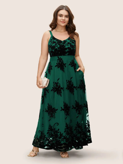 Floral Flocked Tulle Split Hem Dress