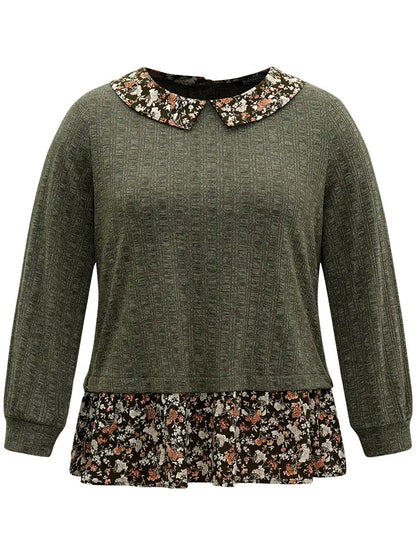 Ditsy Floral Patchwork Button Detail Lapel Collar T-Shirt