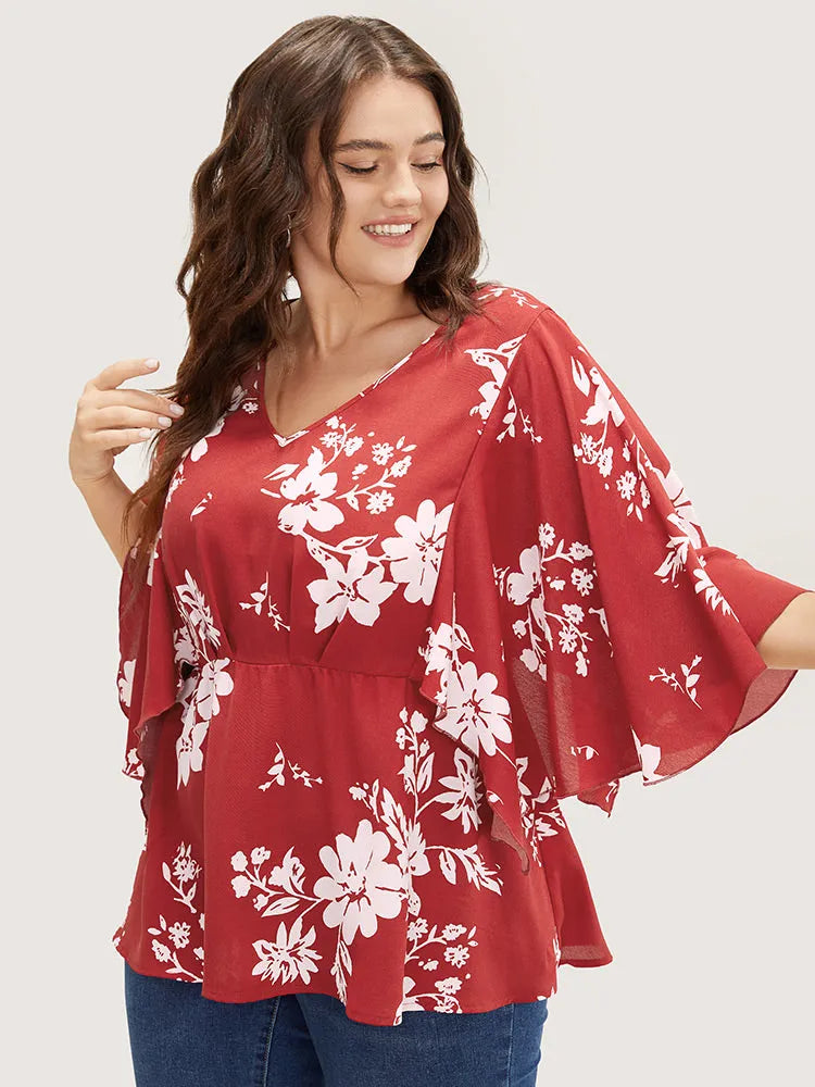 Floral Printed Plicated Detail Flutter Sleeve Blouse