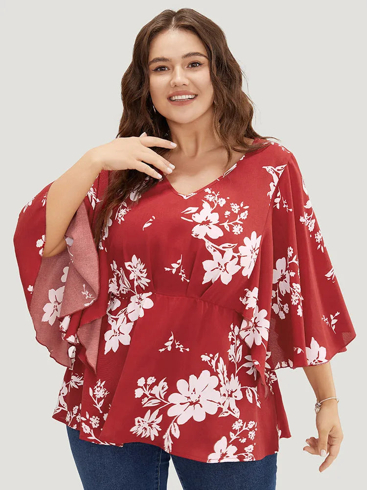 Floral Printed Plicated Detail Flutter Sleeve Blouse