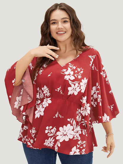 Floral Printed Plicated Detail Flutter Sleeve Blouse