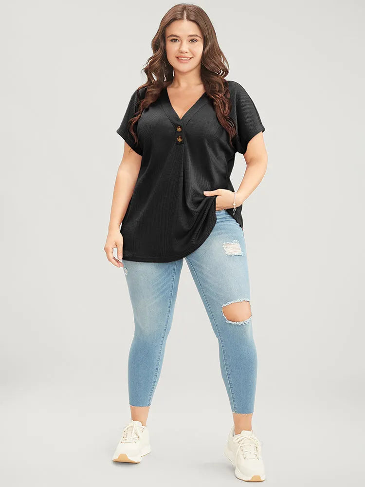 Solid Dolman Sleeve Button Detail Waffle Knit T-shirt