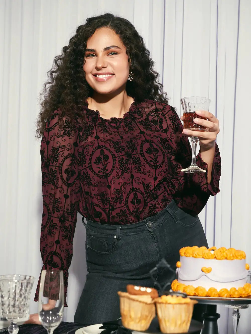Elastic Flocked Mesh Blouse