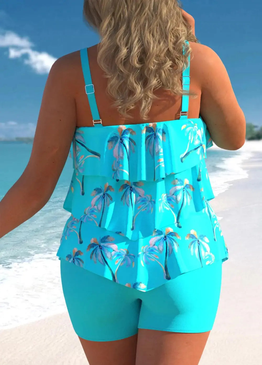 Marine Life Print Plus Size Layered Hem Tankini Set