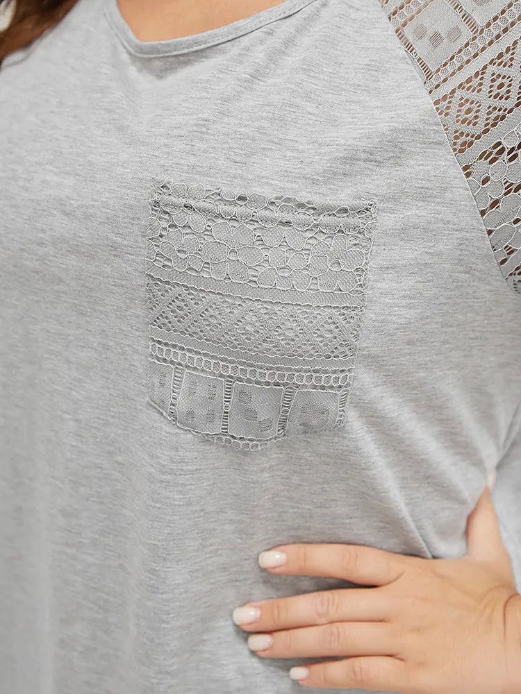 Solid Pocket Contrast Lace Raglan Sleeve Arc Hem T-shirt