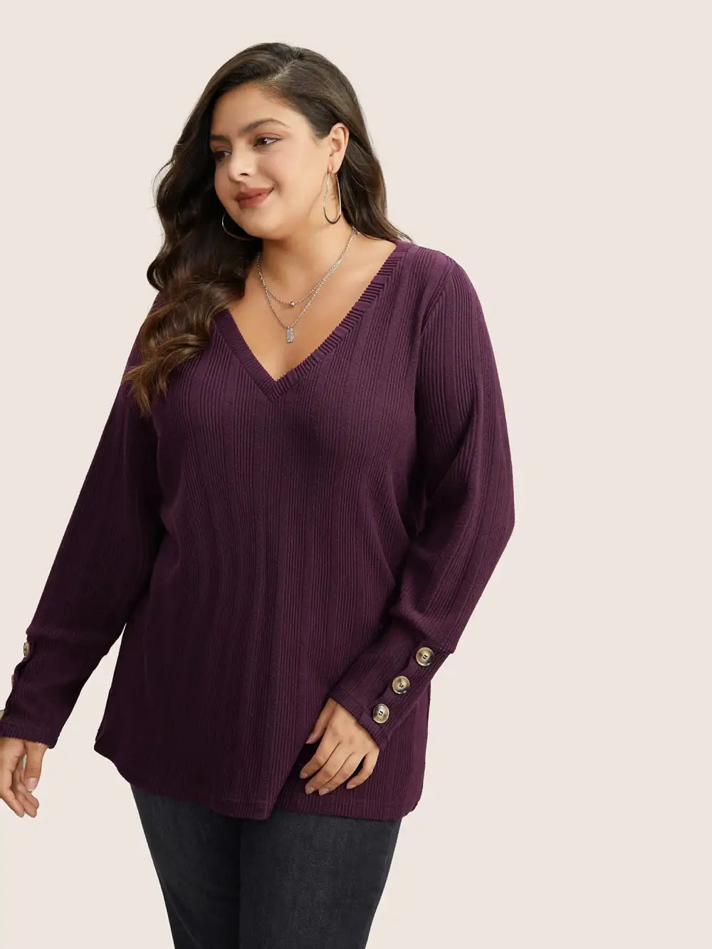 Rib Knit V Neck Button Detail T-Shirt