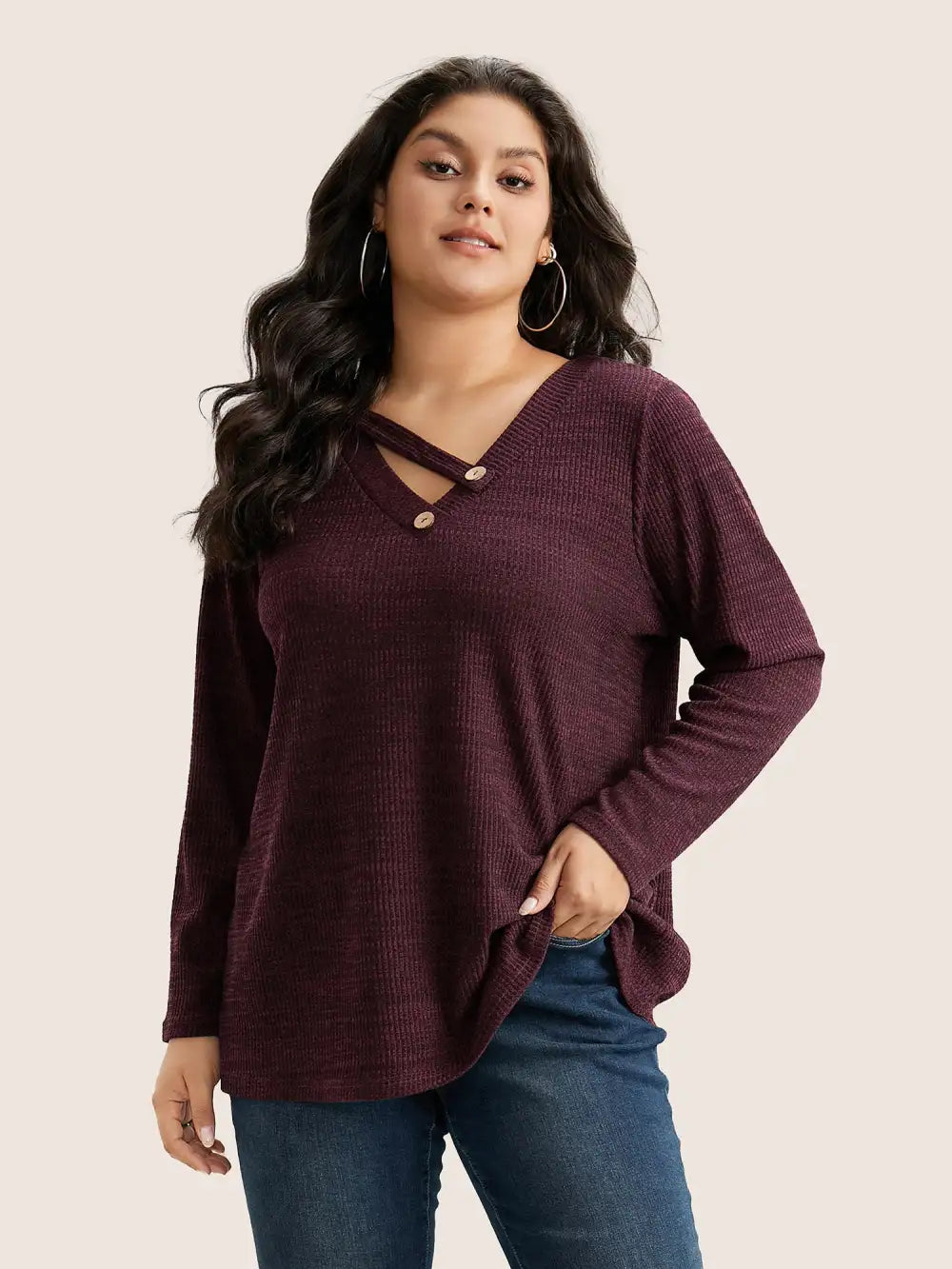 Solid Rib Knit Button Detail T-Shirt