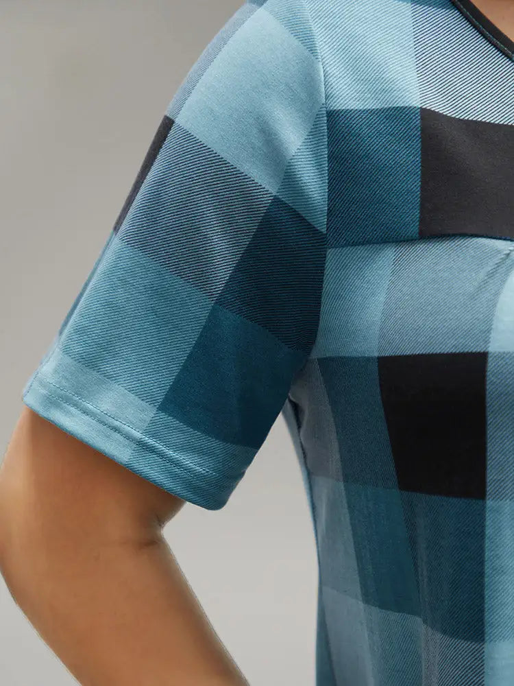 Plaid Round Neck Gathered T-Shirt