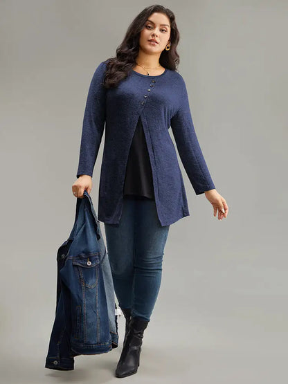 Contrast Patchwork Crew Neck Button Detail T-Shirt