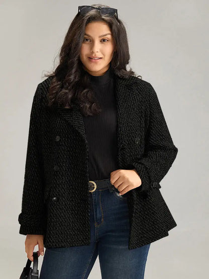 Tweed Lapel Collar Button Up Pocket Coat