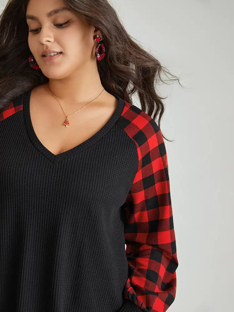 Waffle Knit Plaid Patchwork Raglan Sleeve T-Shirt