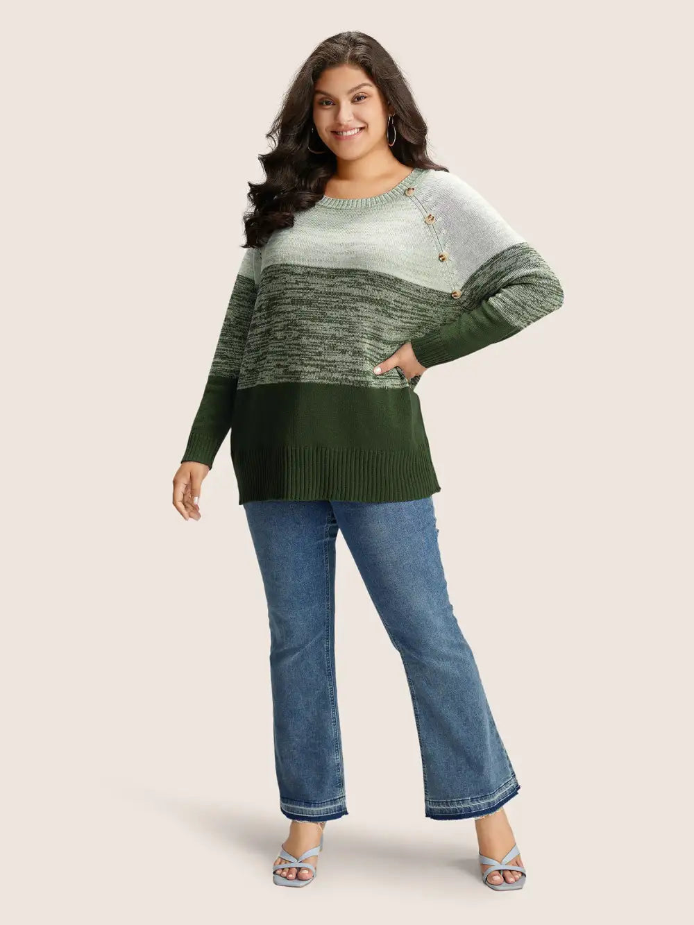 Colorblock Contrast Heather Button Detail Pullover