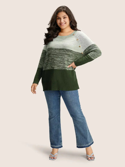 Colorblock Contrast Heather Button Detail Pullover