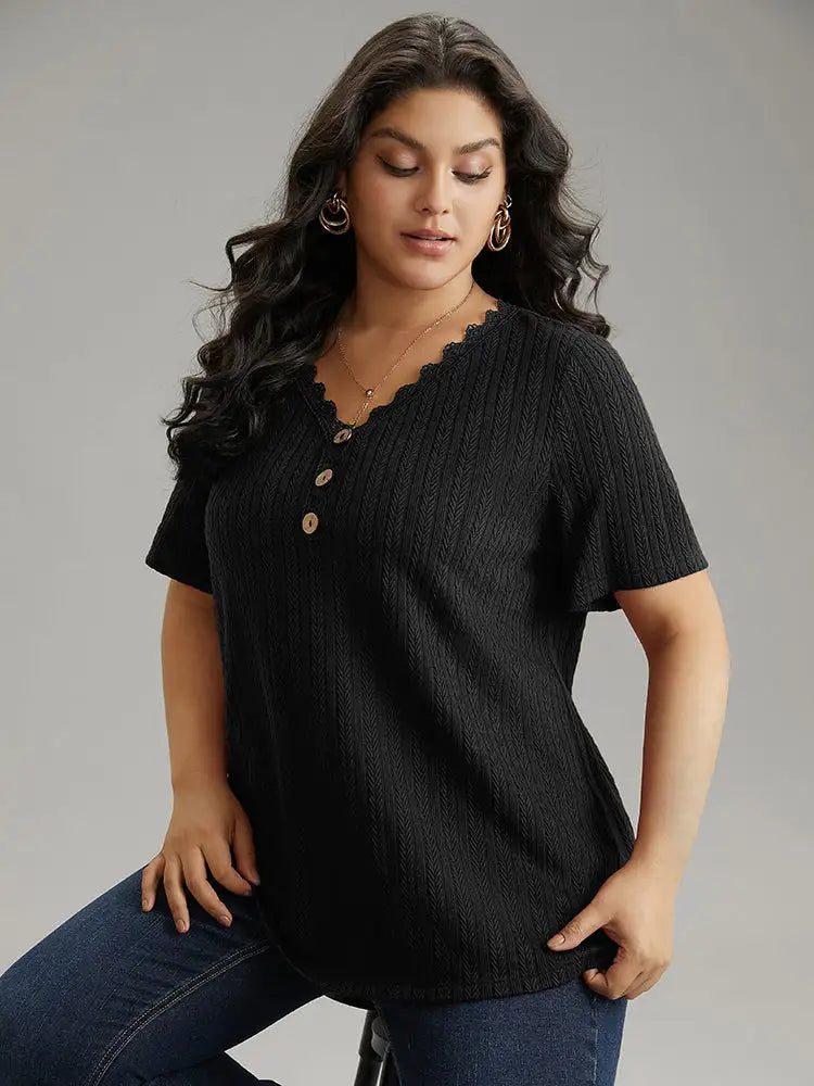 Lace Trim Plisse Button Detail T-Shirt