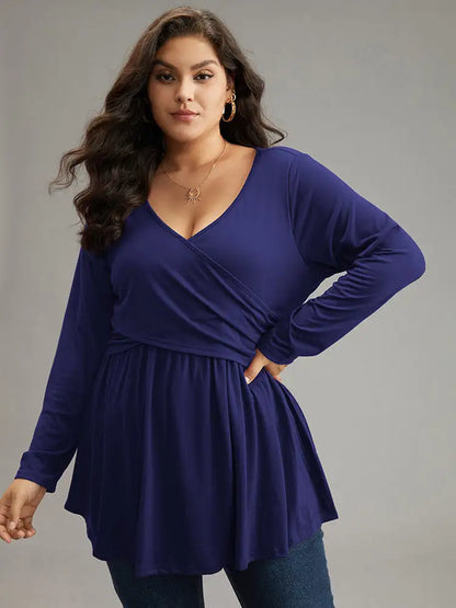 Solid Crossover V Neck Ruffle Hem T-Shirt